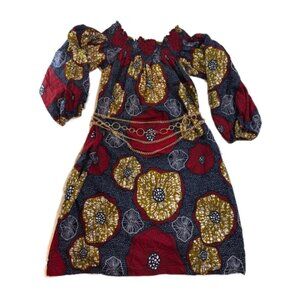 African print mini-dress, size XL with 3/4 sleeves, navy with floral and dots